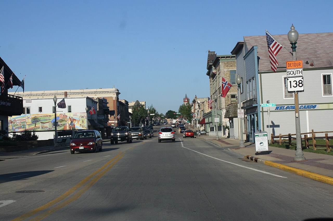 Historic downtown Stoughton, Wisconsin on Main Street